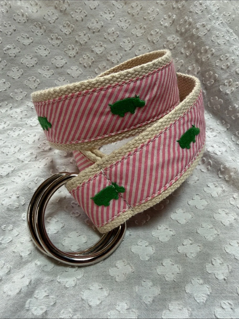 J. Crew Pink Stripe Green Hippo Cotton Canvas Belt S/M